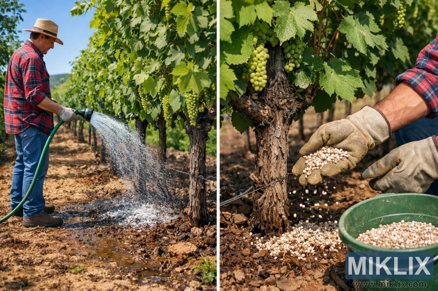 Gardener watering grapevines and applying granular fertilizer at the base of healthy vines in a sunlit vineyard.