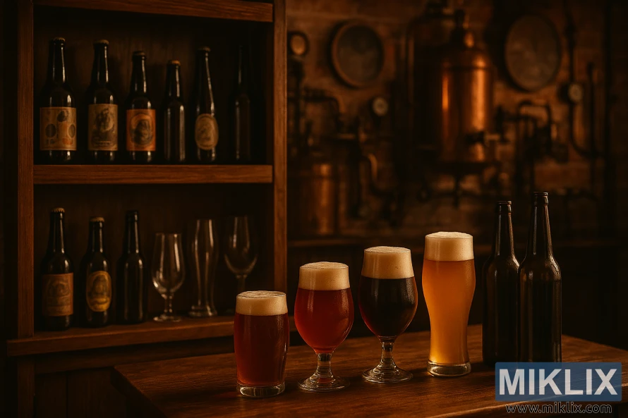 Cozy brewery interior with wooden shelves, warm lighting, and an assortment of beer glasses and bottles on display. Cozy brewery interior with wooden shelves, warm lighting, and an assortment of beer glasses and bottles on display.