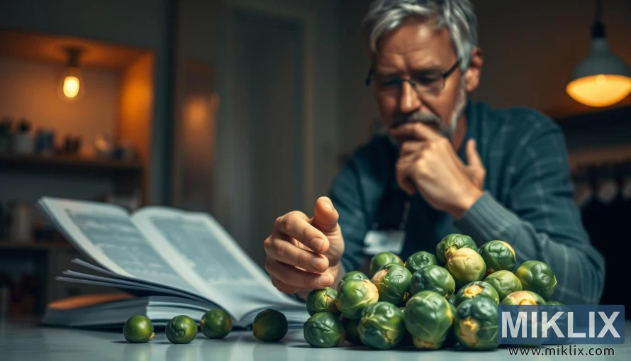 Person som undersøker rosenkål med en medisinsk bok åpen på et skrivebord i svak belysning. Person som undersøker rosenkål med en medisinsk bok åpen på et skrivebord i svak belysning.