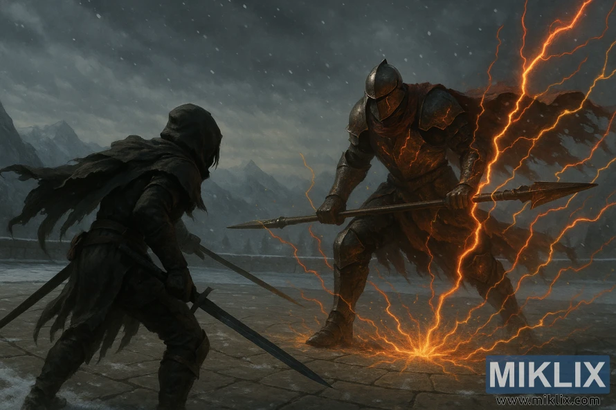 Raunsæ, dökk fantasíumálverk af stríðsmanni með svörtum hníf sem stendur frammi fyrir Roundtable riddaranum Vyke, sem veifar tvíhenda spjóti sem sprýtur í rauðum og gulum Æðislegum Flame eldingum. Raunsæ, dökk fantasíumálverk af stríðsmanni með svörtum hníf sem stendur frammi fyrir Roundtable riddaranum Vyke, sem veifar tvíhenda spjóti sem sprýtur í rauðum og gulum Æðislegum Flame eldingum.