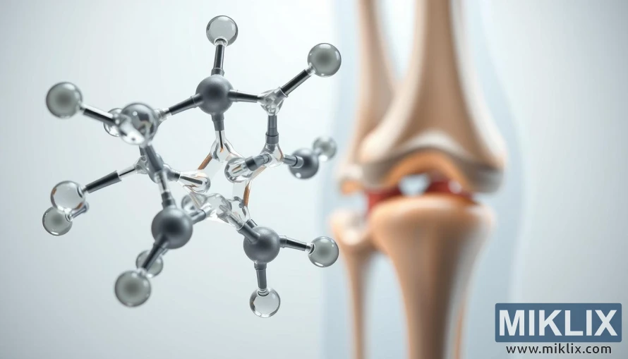 Chondroitin molecular model na may magkasanib na cross-section na nagpapakita ng mga epekto ng osteoarthritis.