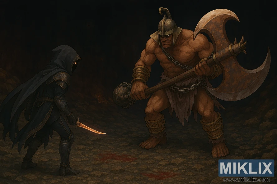 Фан-арт во аниме стил на Оцрнетиот во оклоп од црн нож, свртен кон бесниот дуелист во затворската пештера.