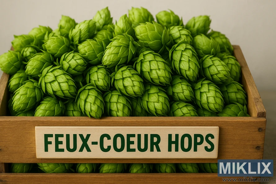 Lesena zabojnica, napolnjena z živahnimi, sveže obranimi hmeljskimi storži Feux-Coeur na nevtralnem ozadju.