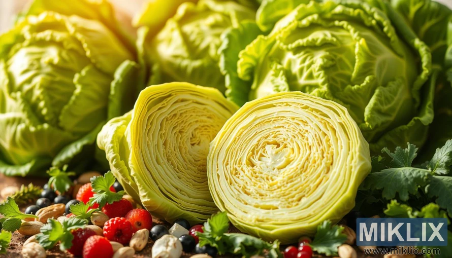 Col verda fresca amb una secció tallada a rodanxes, envoltada de fulles verdes, baies, fruits secs i llavors. Col verda fresca amb una secció tallada a rodanxes, envoltada de fulles verdes, baies, fruits secs i llavors.