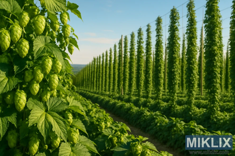 En frodig humlefarm i den gyldne time med grønne humlekogler i forgrunden og høje espalierbevoksninger, der strækker sig ud i det fjerne. En frodig humlefarm i den gyldne time med grønne humlekogler i forgrunden og høje espalierbevoksninger, der strækker sig ud i det fjerne.