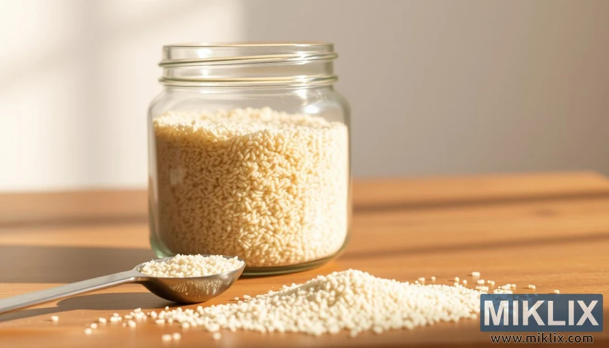 Glass jar of psyllium husks on a wooden table with a measuring spoon beside it.