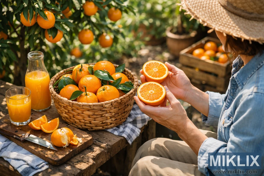 Person sitting in a sunny garden holding freshly cut oranges beside a basket of homegrown fruit and orange juice