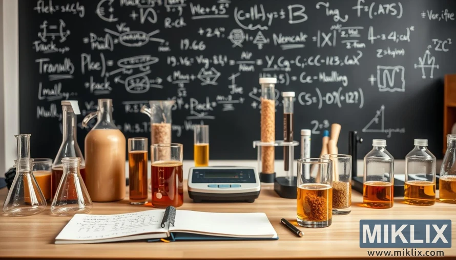 Laboratorijski radni stol s čašama, uzorcima slada, digitalnom vagom i bilješkama o istraživanju jantarnog slada.