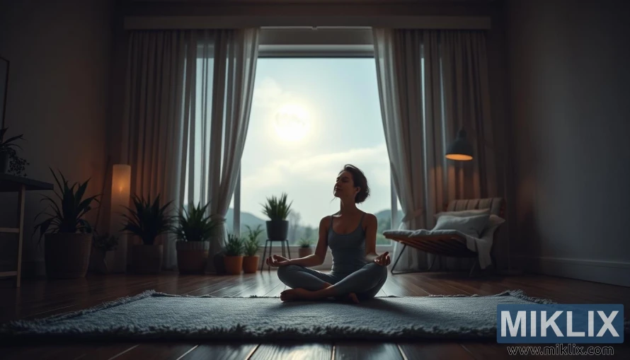 Person meditating on a yoga mat in a dim bedroom with plants and a moonlit window.