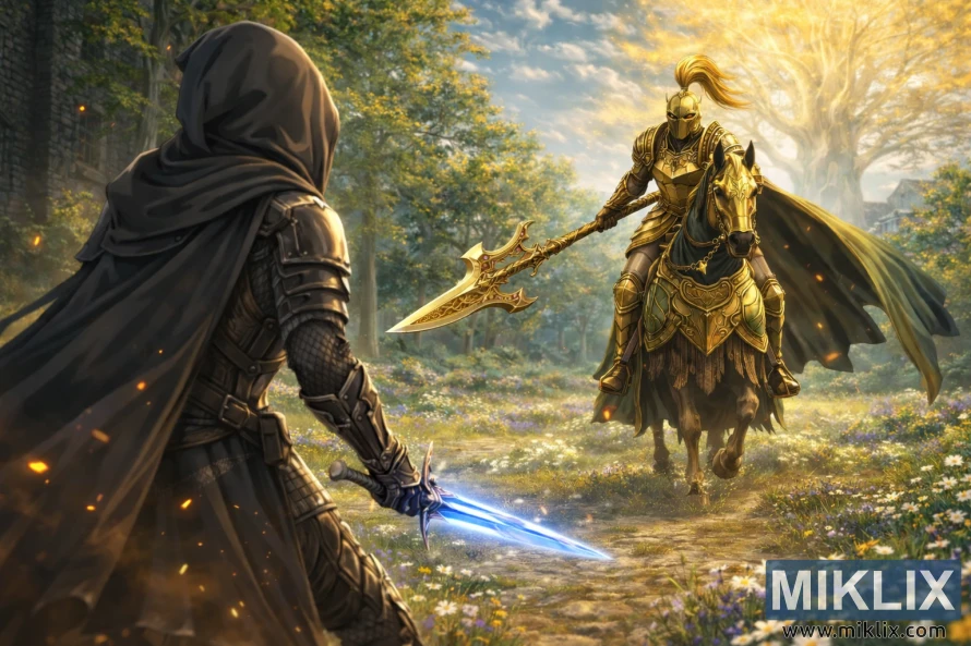 Anime-style fan art showing the Tarnished in Black Knife armor holding a glowing blue sword while facing the Tree Sentinel on horseback with a golden halberd in a sunlit meadow.