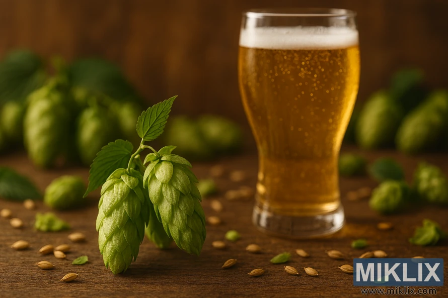 斯特里塞爾斯帕爾特啤酒花錐和一杯金黃色的啤酒擺放在一張質樸的木桌上。