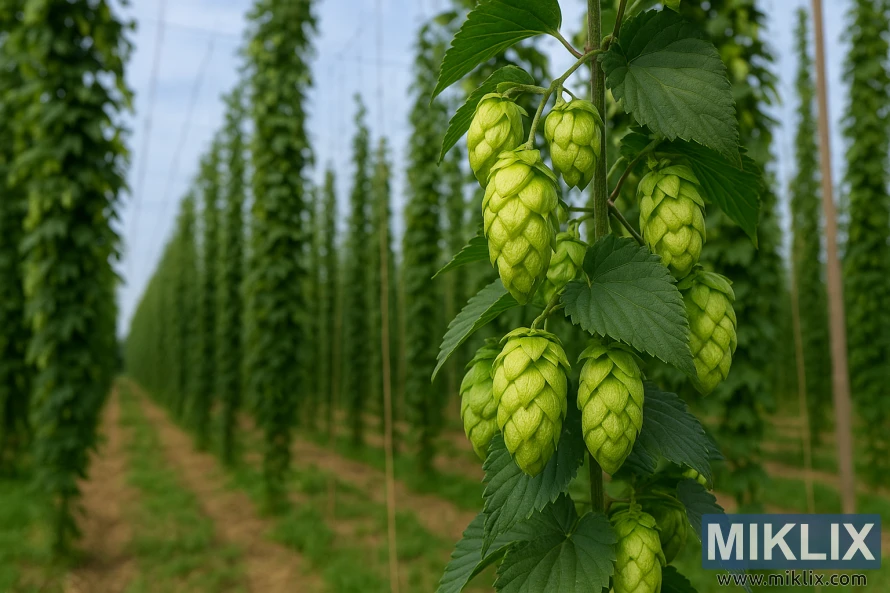 Detailní záběr na zelené chmelové hlávky Calypso s vysokými trámy a chmelovými řádky v pozadí.