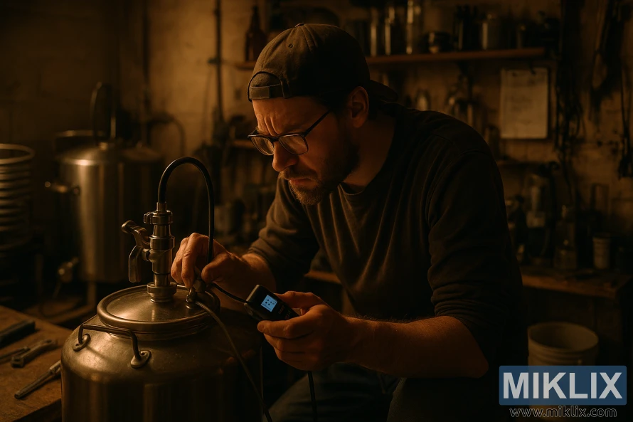 Un cervecero concentrado ajusta un recipiente de fermentación de acero inoxidable en una cervecería casera poco iluminada, iluminada por una cálida luz dorada.