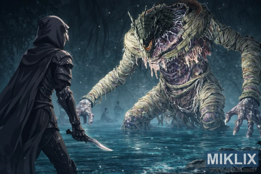 Aðdáendalist í anime-stíl af Tarnished in Black Knife brynjunni sem stendur frammi fyrir Dragonkin-hermanninum frá Nokstella í glóandi vatni Ainsel-árinnar fyrir bardaga. Aðdáendalist í anime-stíl af Tarnished in Black Knife brynjunni sem stendur frammi fyrir Dragonkin-hermanninum frá Nokstella í glóandi vatni Ainsel-árinnar fyrir bardaga.