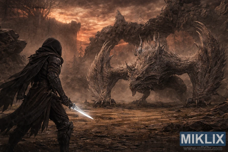 Dark, realistic fantasy artwork of the Tarnished in Black Knife armor confronting the Jagged Peak Drake in a barren, red-lit landscape moments before battle. Dark, realistic fantasy artwork of the Tarnished in Black Knife armor confronting the Jagged Peak Drake in a barren, red-lit landscape moments before battle.