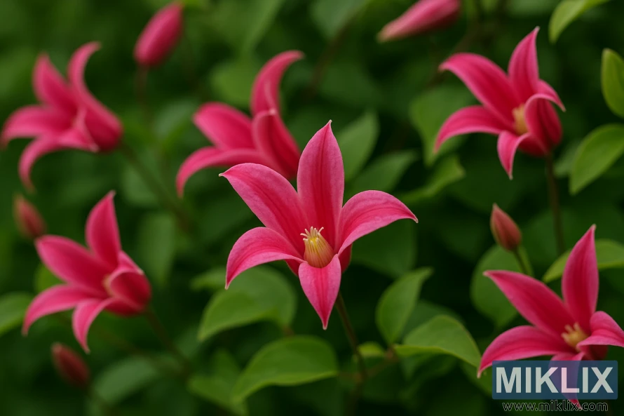 Detailed close-up of tulip-shaped pink Clematis ‘Princess Diana’ flowers against lush green foliage.