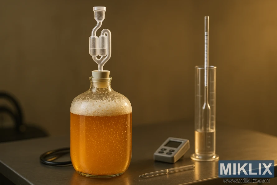 ഹൈഡ്രോമീറ്റർ, തെർമോമീറ്റർ, സ്റ്റെയിൻലെസ് സ്റ്റീൽ ടേബിൾ എന്നിവയ്‌ക്കൊപ്പം, എസ് ആകൃതിയിലുള്ള എയർലോക്ക് ഘടിപ്പിച്ച, ക്രൗസെൻ നുര ഉപയോഗിച്ച് സ്വർണ്ണ വീസൺ ഏൽ പുളിപ്പിക്കുന്ന ഒരു ഗ്ലാസ് കാർബോയിയുടെ ക്ലോസ്-അപ്പ്.