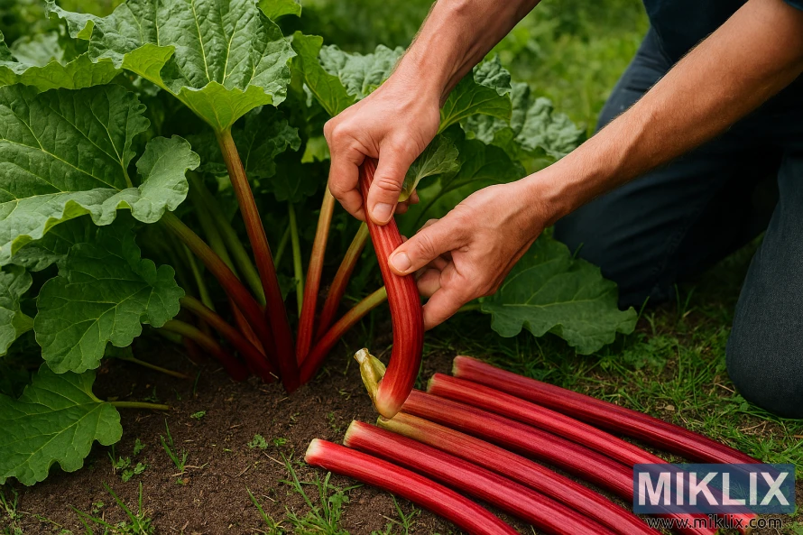 Hands harvesting rhubarb stalks with a twisting motion in a garden Hands harvesting rhubarb stalks with a twisting motion in a garden