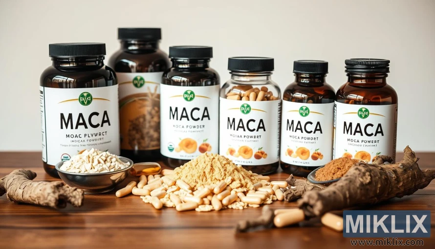 Maca prah, kapsule i ekstrakti uredno složeni na drvenom stolu pod mekim prirodnim svjetlom. Maca prah, kapsule i ekstrakti uredno složeni na drvenom stolu pod mekim prirodnim svjetlom.