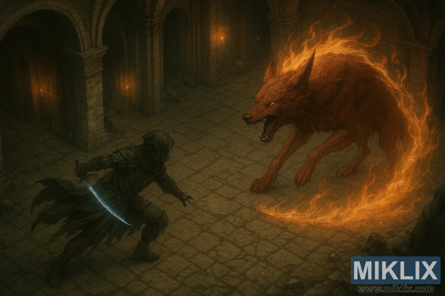 Realistic fantasy battle between Tarnished in Black Knife armor and Red Wolf of the Champion in Elden Ring