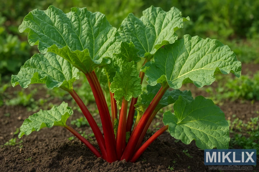 Rhubarb plant with red stalks and green leaves growing in garden soil Rhubarb plant with red stalks and green leaves growing in garden soil