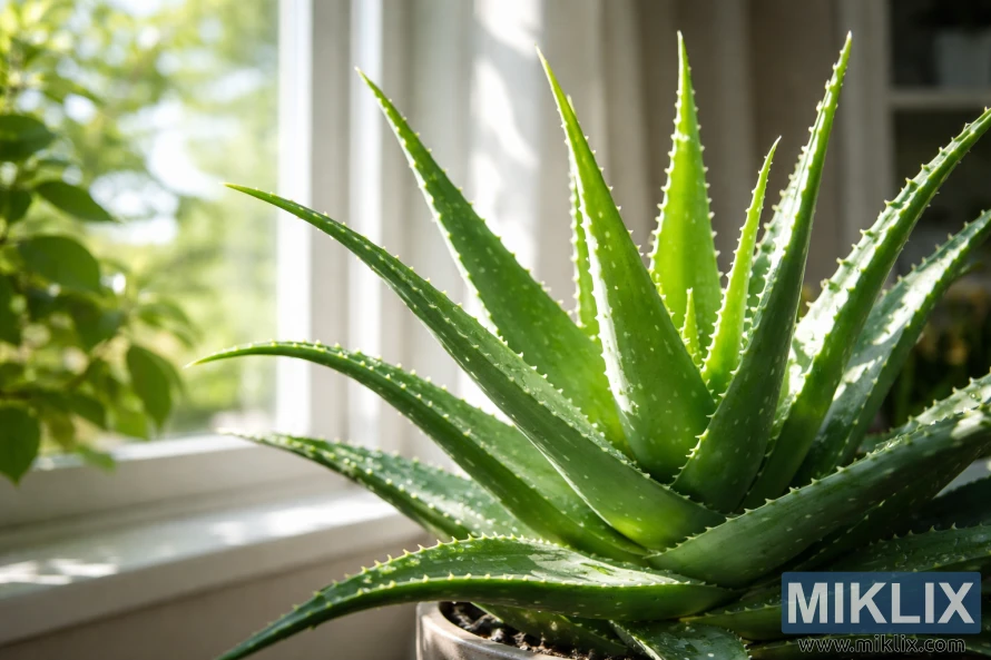 A healthy aloe vera plant in a pot, lit by bright indirect sunlight near an indoor window. A healthy aloe vera plant in a pot, lit by bright indirect sunlight near an indoor window.