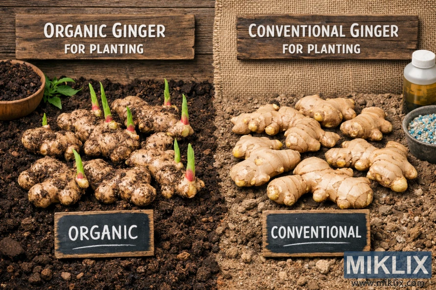 నాటడానికి సేంద్రీయ మరియు సాంప్రదాయ అల్లం రైజోమ్‌ల యొక్క పక్కపక్కనే పోలిక, నేల, మొలకెత్తడం మరియు రూపంలో తేడాలను చూపుతుంది.