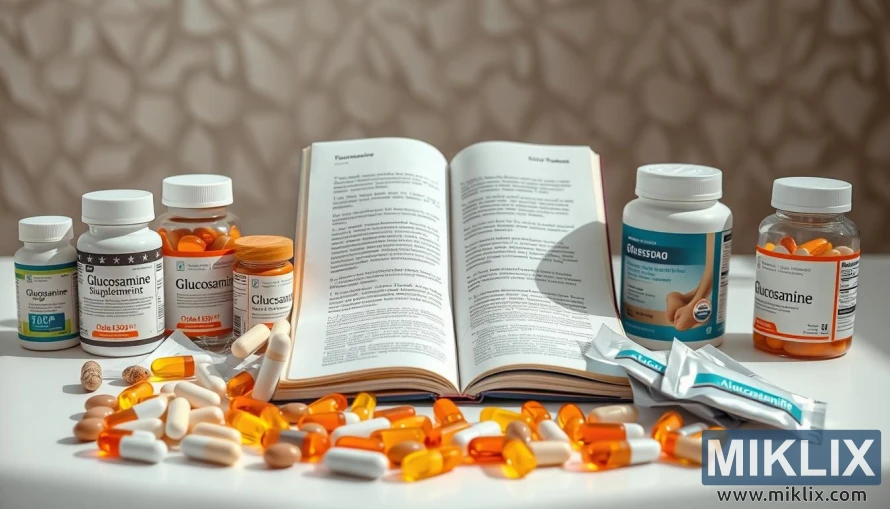 Glükózamin kapszulák, tabletták és por alakú tasakok egy tiszta asztallapon, nyitott könyvvel.