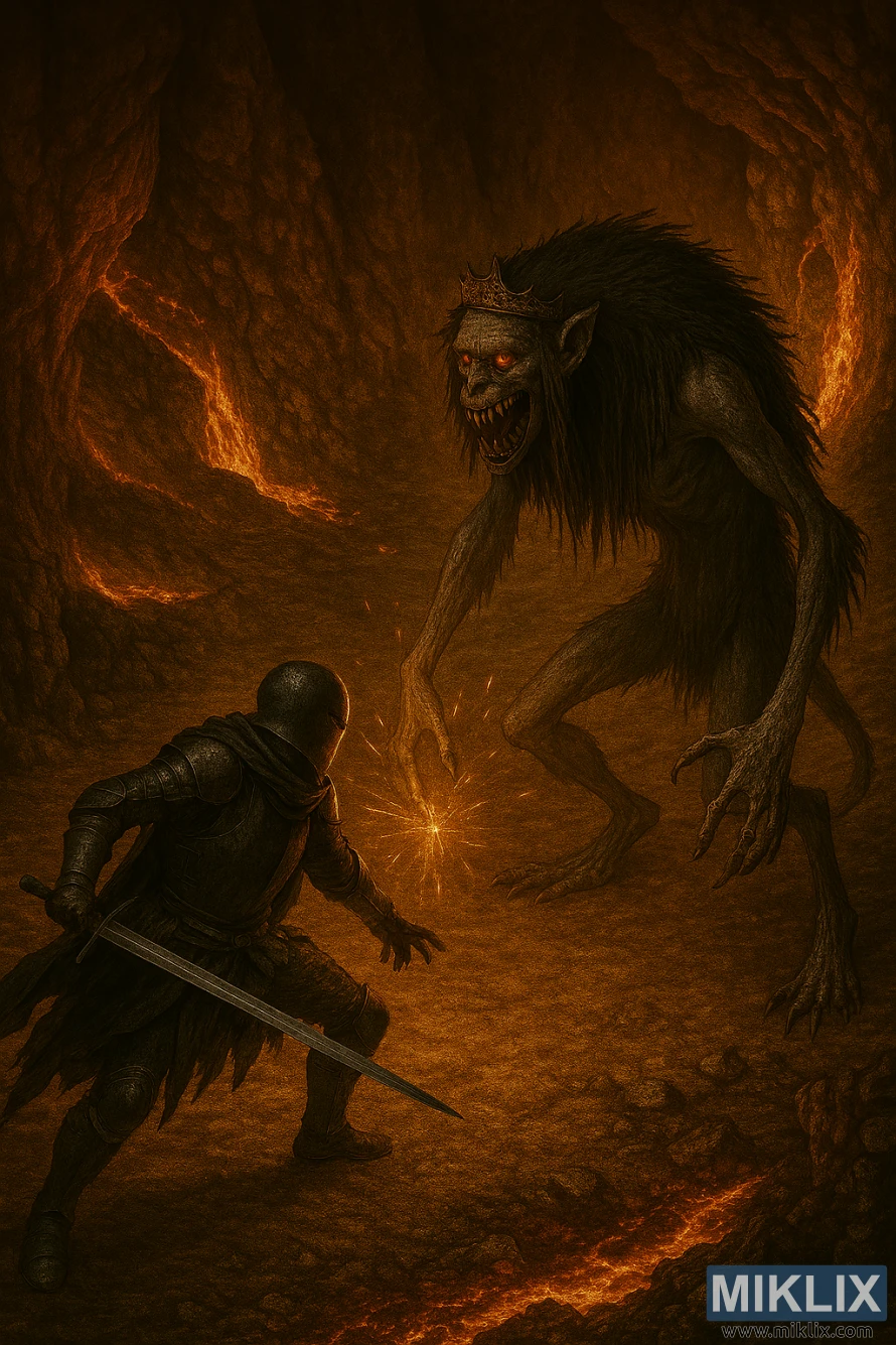 Realistic isometric battle scene of Tarnished fighting Demi-Human Queen Margot in Elden Ring