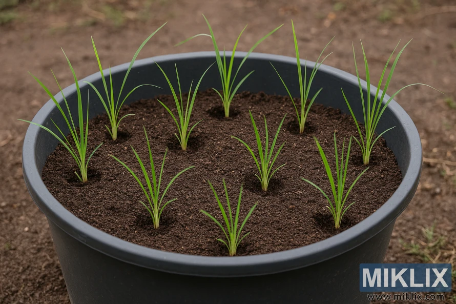 Lemongrass seedlings planted in a large container with rich soil and proper spacing