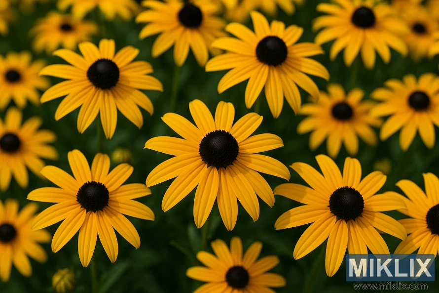 Close-up of Rudbeckia fulgida 'Goldsturm' flowers with golden-yellow petals and black centers in natural sunlight. Close-up of Rudbeckia fulgida 'Goldsturm' flowers with golden-yellow petals and black centers in natural sunlight.