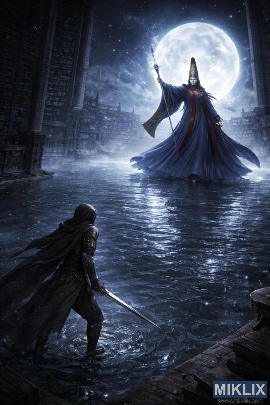 Opera isometrica fantasy dark che mostra il Tarnished in basso con una spada, di fronte all'imponente Rennala, Regina della Luna Piena, nella biblioteca allagata della Raya Lucaria Academy.