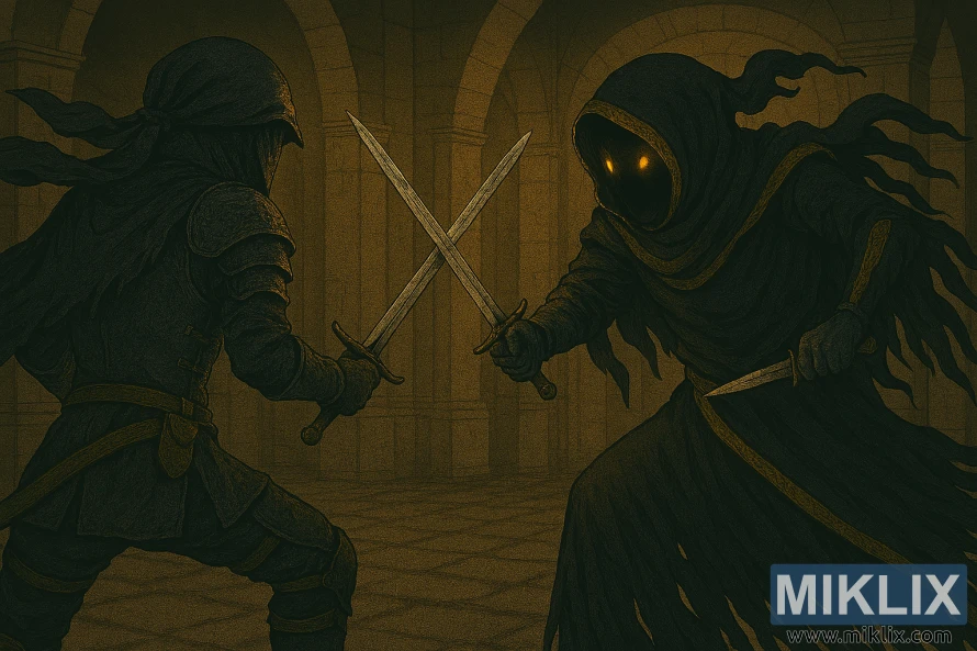 Anime-style fan art of the Tarnished in Black Knife armor fighting the Black Knife Assassin at the Sainted Hero's Grave entrance