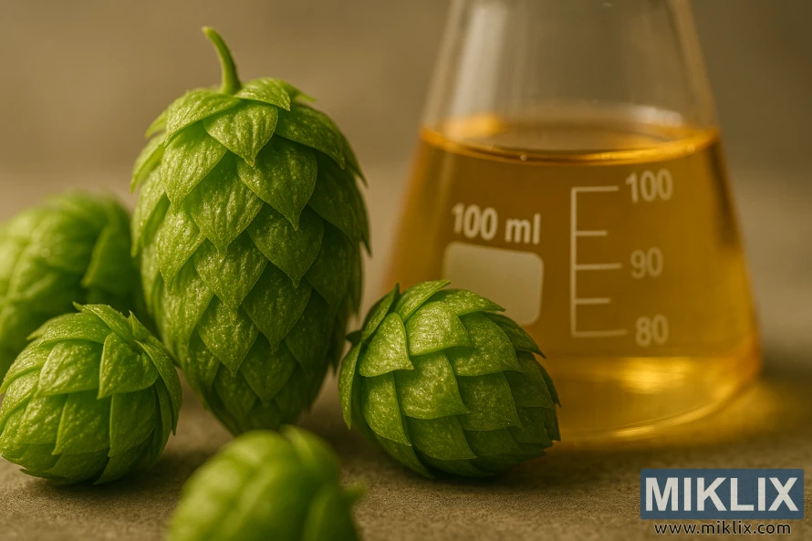 Makrobilde av friske Lucan-humlekongler med lupulinkjertler ved siden av et begerglass med gyllen humleekstrakt under varmt lys. Makrobilde av friske Lucan-humlekongler med lupulinkjertler ved siden av et begerglass med gyllen humleekstrakt under varmt lys.