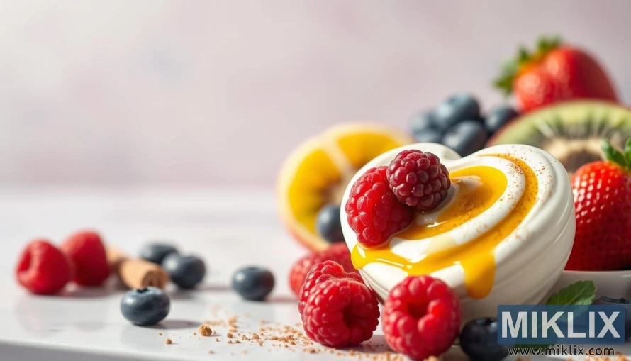 Yogurt sing bentuke ati karo raspberries, madu, lan kayu manis, diubengi woh seger. Yogurt sing bentuke ati karo raspberries, madu, lan kayu manis, diubengi woh seger.