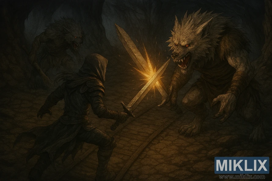 Semi-realistic image of the Tarnished fighting two Beastmen of Farum Azula in Dragonbarrow Cave