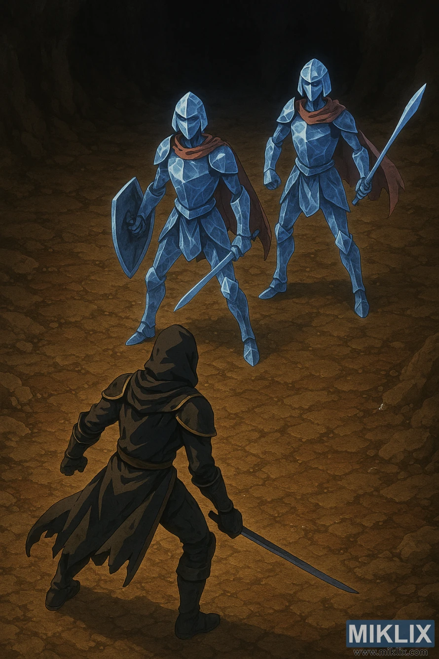 Isometric anime-style scene of a Tarnished in Black Knife armor facing two Crystalians, one with a spear and one with a sword and shield.