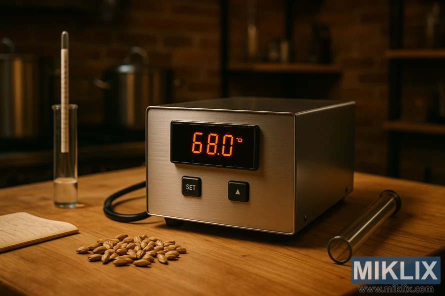 Moderne gjæringstemperaturkontrollenhet med digitalt display på arbeidsbenk i tre i et hjemmebryggerom.