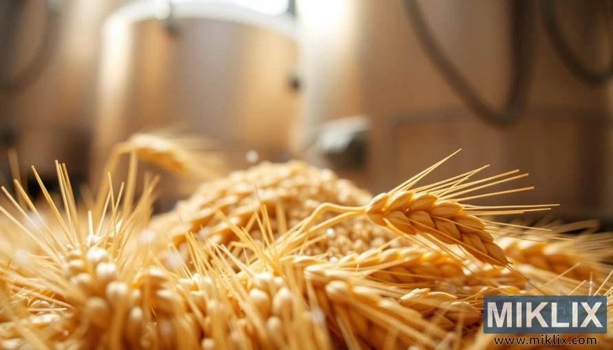 Nærbilde av gylne hvetekorn og malt hvetemalt under varmt lys med uskarp mos i bakgrunnen.