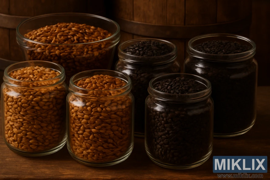 Izložba smeđih sladova u staklenkama, od jantarnih do čokoladnih nijansi pod toplim osvjetljenjem.