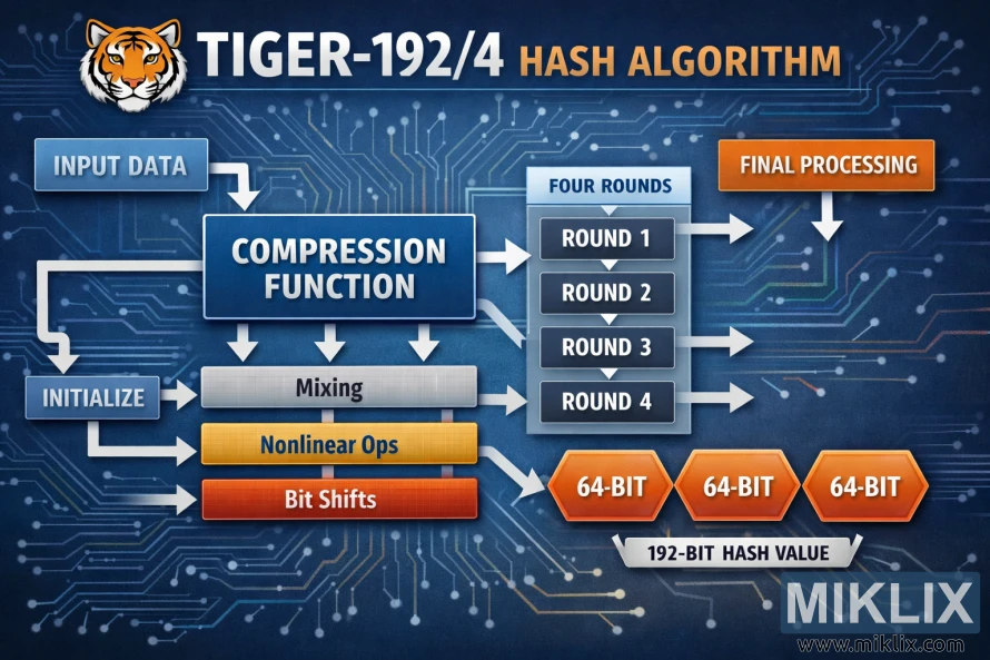 Landscape infographic of a Tiger-192/4 hash concept: input panels on the left feed a central grid of processing stages with arrows and orange highlights, converging to an output digest panel on the right.
