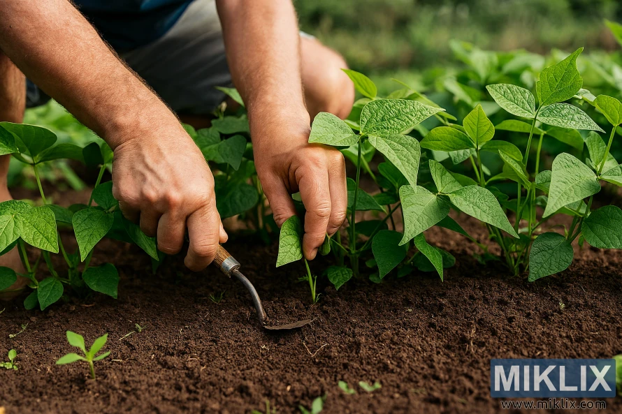 Gardener gently weeding around green bean plants to protect shallow roots Gardener gently weeding around green bean plants to protect shallow roots