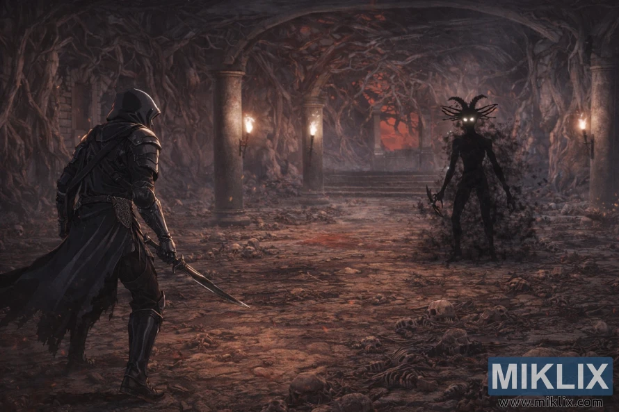 Wide anime-style view of the Tarnished in Black Knife armor cautiously approaching the Cemetery Shade amid skulls and torchlit pillars in the Caelid Catacombs.