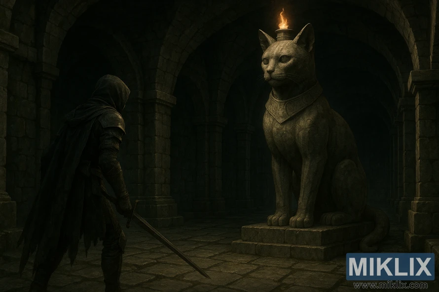 Dark fantasy artwork showing the Tarnished facing a massive seated stone cat Erdtree Burial Watchdog in a shadowy underground catacomb.