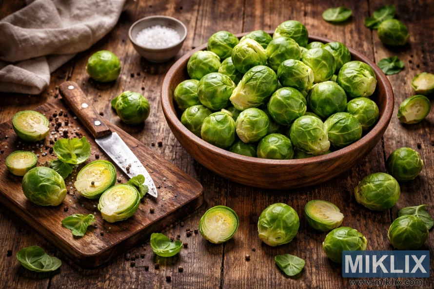 Fresh Brussels sprouts in a wooden bowl with sliced halves on a cutting board and a knife on a rustic wooden table. Fresh Brussels sprouts in a wooden bowl with sliced halves on a cutting board and a knife on a rustic wooden table.
