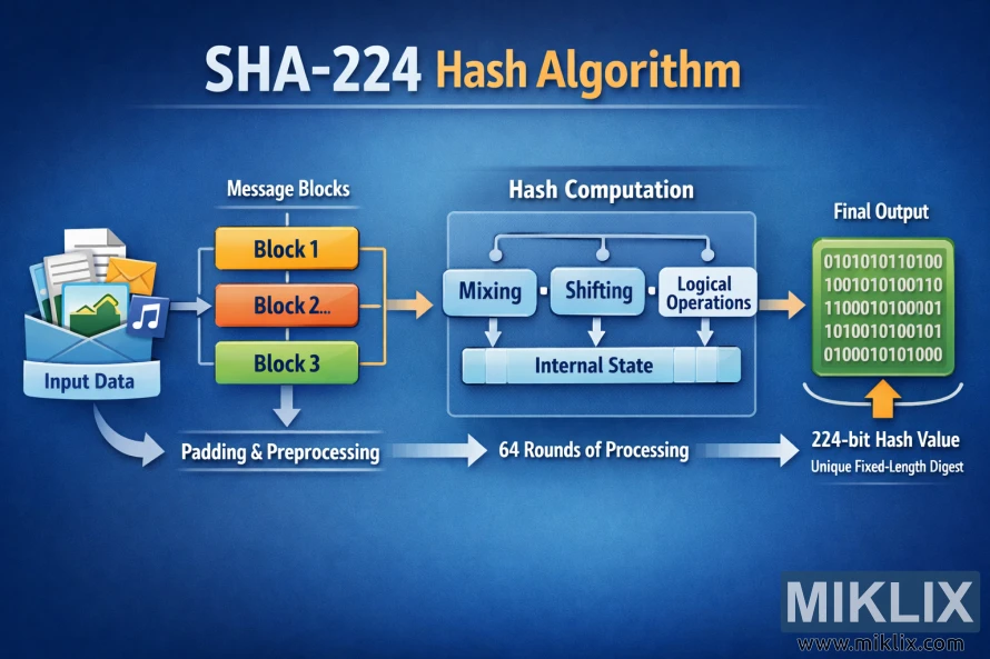 Landscape infographic titled “SHA-224 Hash Algorithm” showing input data flowing through padding, message blocks, hash computation steps, and producing a 224-bit hash output.
