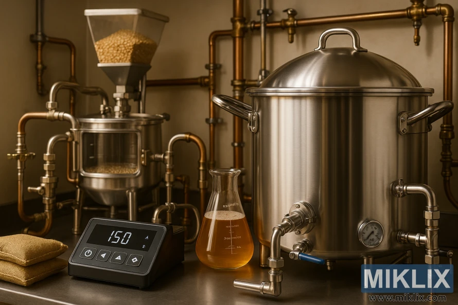 Moderne bryggeoppsett med rustfri vannkoker, mosekar, kornkvern og digitale kontroller. Moderne bryggeoppsett med rustfri vannkoker, mosekar, kornkvern og digitale kontroller.