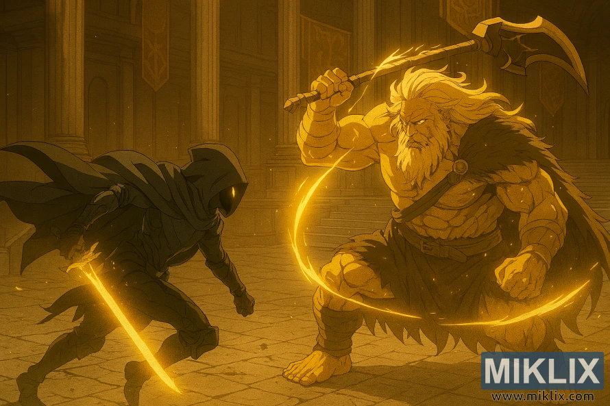 Anime-style Elden Ring fan art of the Tarnished fighting Godfrey inside Leyndell’s grand hall