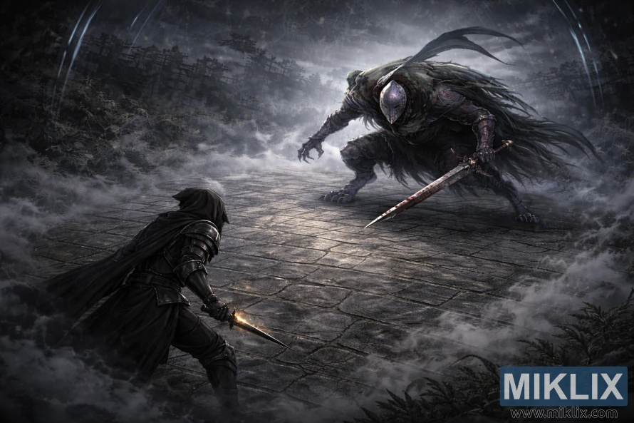 Semi-realistic dark fantasy scene from an elevated angle showing a hooded Tarnished facing a large sword-wielding Bloodhound Knight in a misty magical arena. Semi-realistic dark fantasy scene from an elevated angle showing a hooded Tarnished facing a large sword-wielding Bloodhound Knight in a misty magical arena.