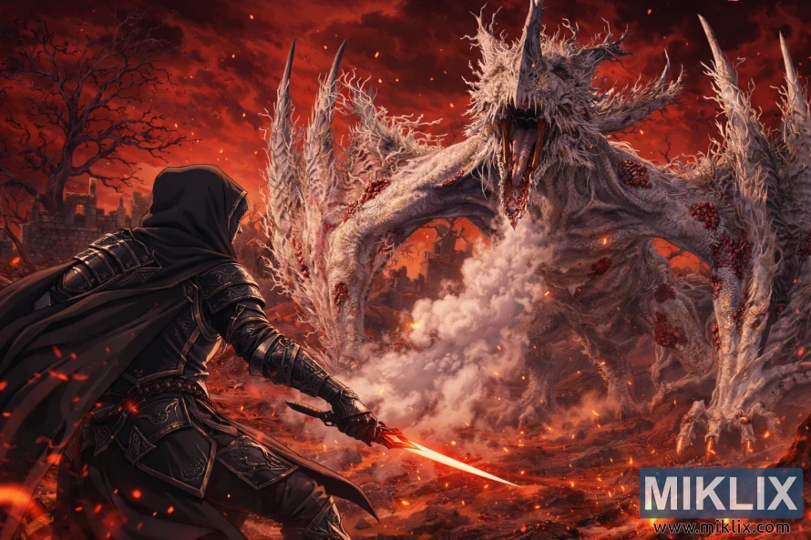 एल्डेन रिङमा रहेको क्यालिडको जलिरहेको रातो परिदृश्यको बीचमा विशाल, रोगग्रस्त ड्र्यागन डिकेइङ एक्जाइक्सको सामना गर्दै कालो चक्कु कवच लगाएको हुड भएको टार्निश्डको एनिमे-शैलीको फ्यान आर्ट।